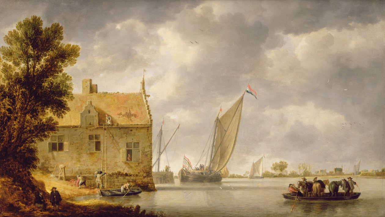 Utbyggere som reparerer et hus ved en elv av Bonaventura Peeters