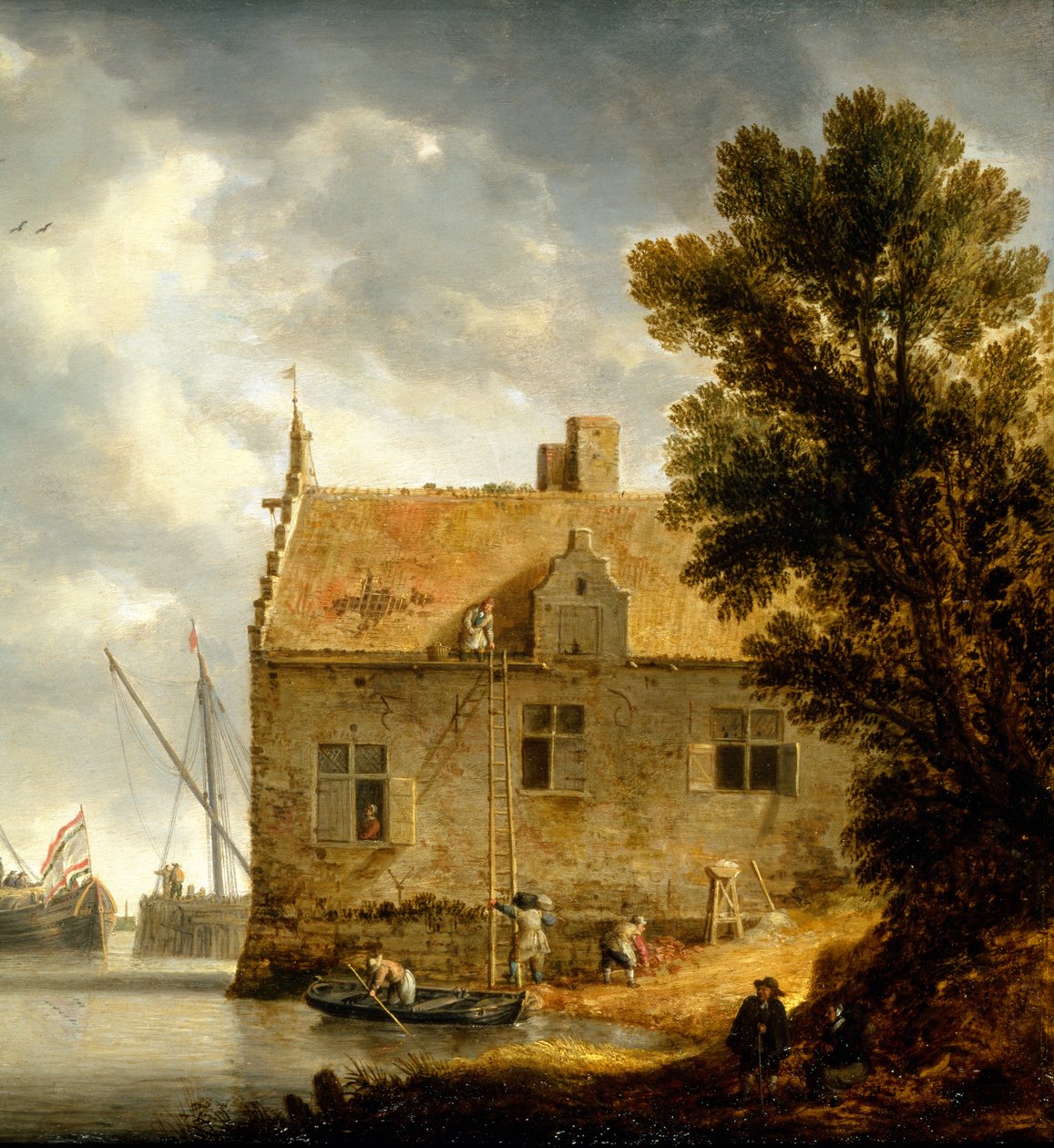 Utbyggere som reparerer et hus ved en elv av Bonaventura Peeters