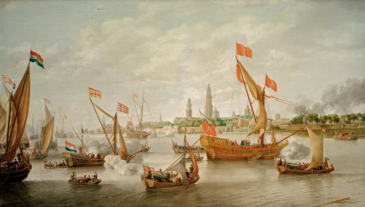Festlig seremoni på Schelde foran Antwerpen av Bonaventura Peeters