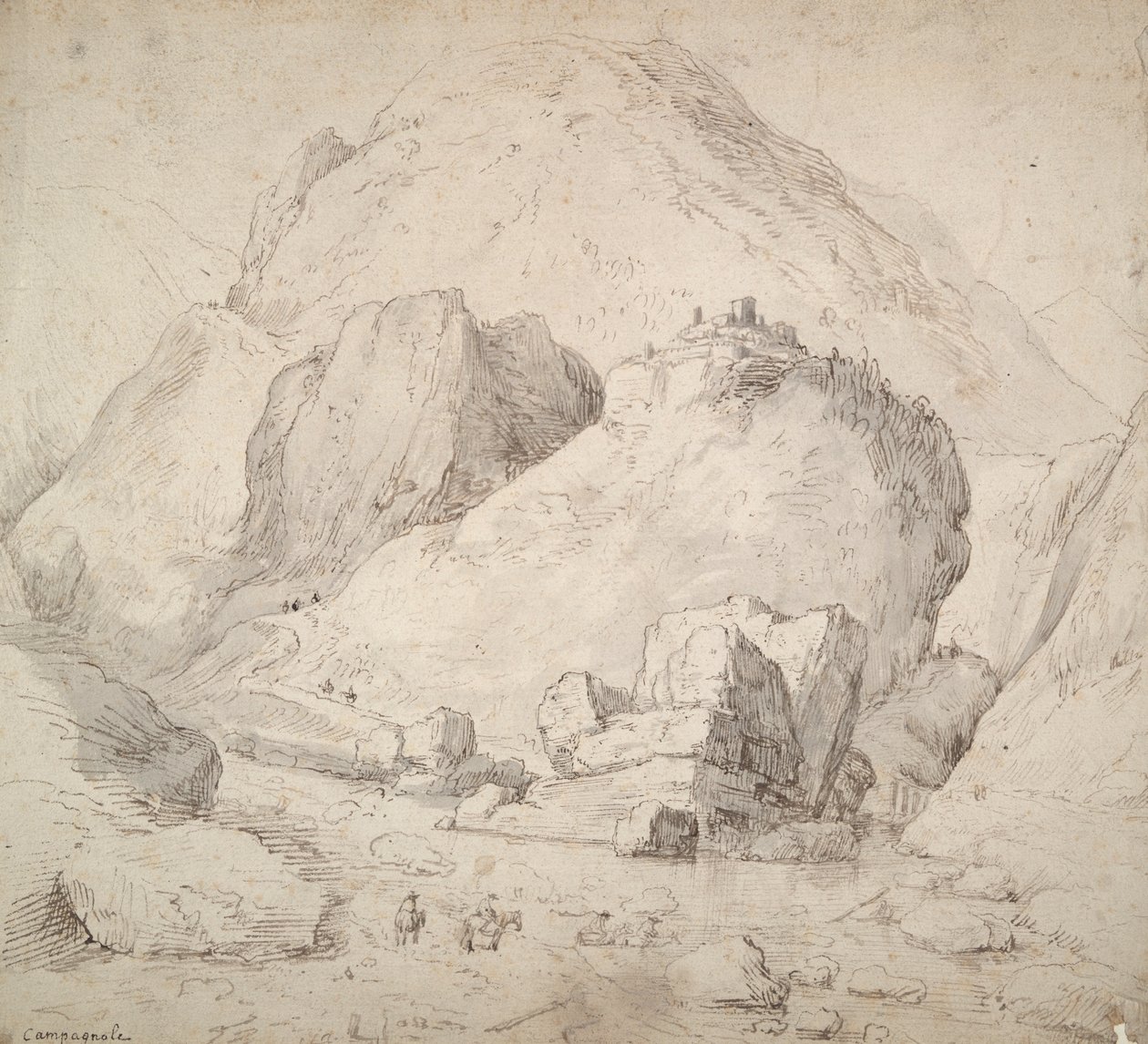 Fjelllandskap med figur på hesteryggen i forgrunnen av Bonaventura Peeters