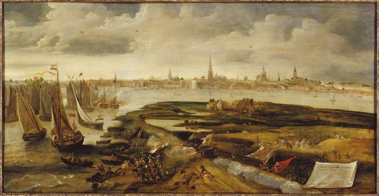 Íñigo de Borja slår tilbake en nederlandsk styrke som forsøker å lande i nærheten av Antwerpen, 17. mai 1605, ca. 1640. av Bonaventura Peeters the Elder