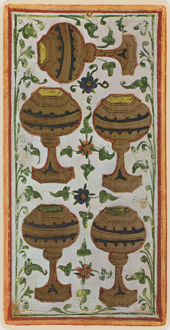 The Five of Cups, faksimile av et tarotkort fra 'Visconti'-stokken, 1441-47 av Bonifacio Bembo