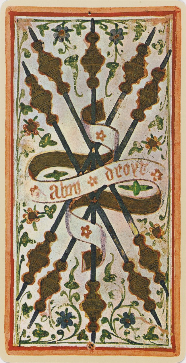 The Five of Wands, faksimile av et tarotkort fra 
