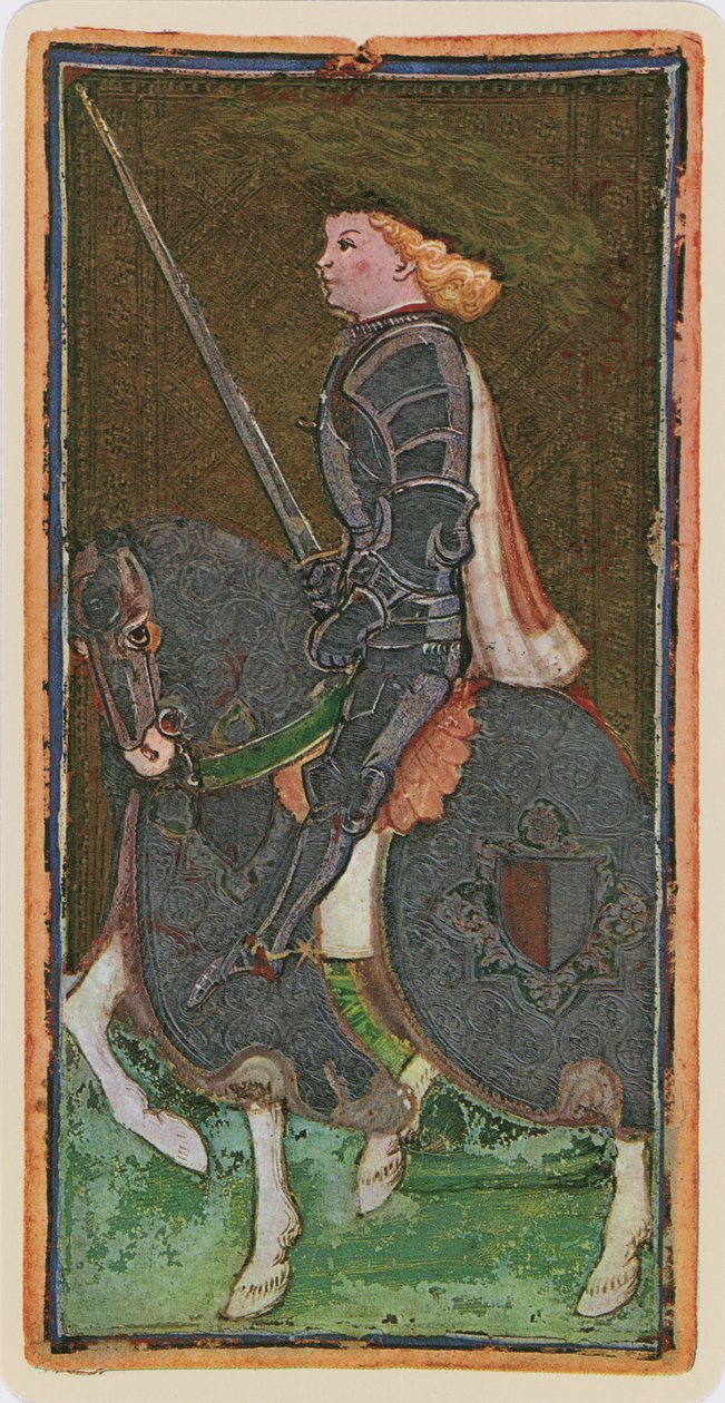 The Knight of Swords, faksimile av et tarotkort fra 'Visconti'-stokken, 1441-47 av Bonifacio Bembo