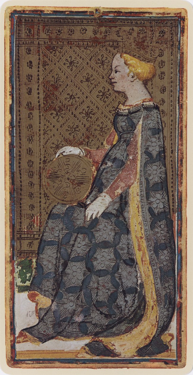 The Queen of Coins, faksimile av et tarotkort fra 