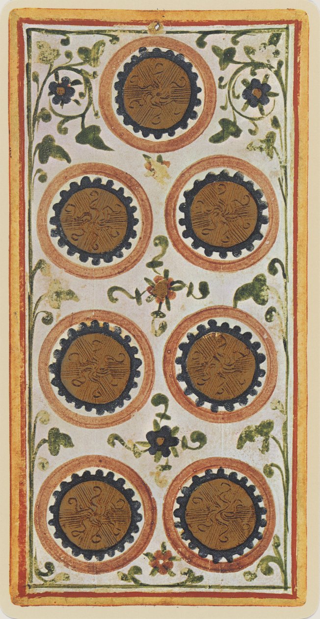 The Seven of Coins, faksimile av et tarotkort fra 'Visconti'-stokken, 1441-47 av Bonifacio Bembo