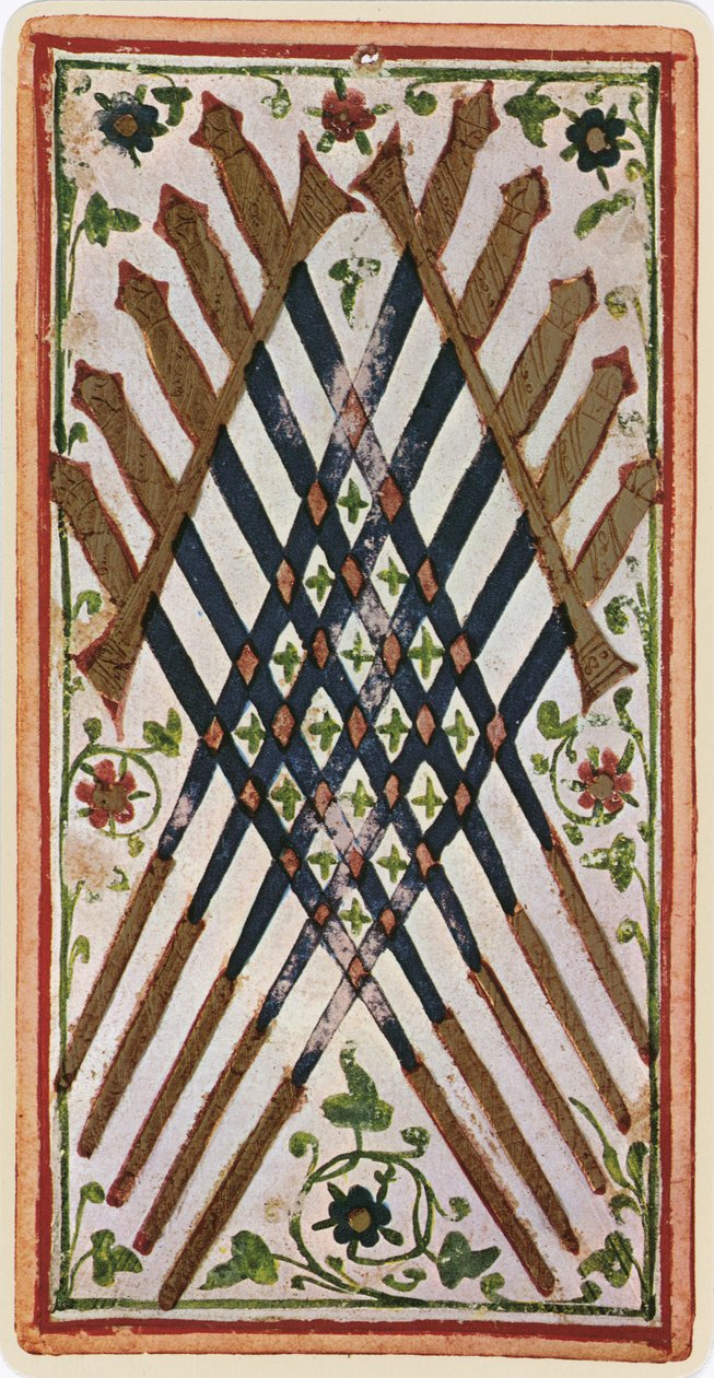 The Ten of Swords, faksimile av et tarotkort fra 'Visconti'-stokken, 1441-47 av Bonifacio Bembo
