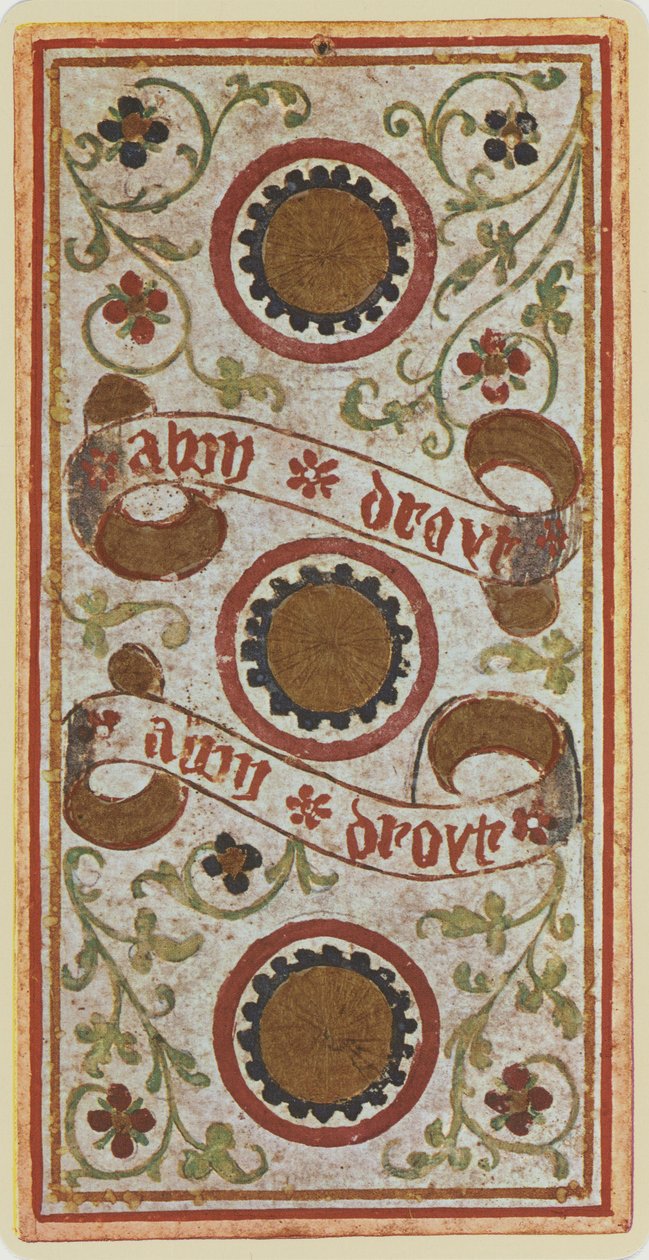 The Three of Coins, faksimile av et tarotkort fra 