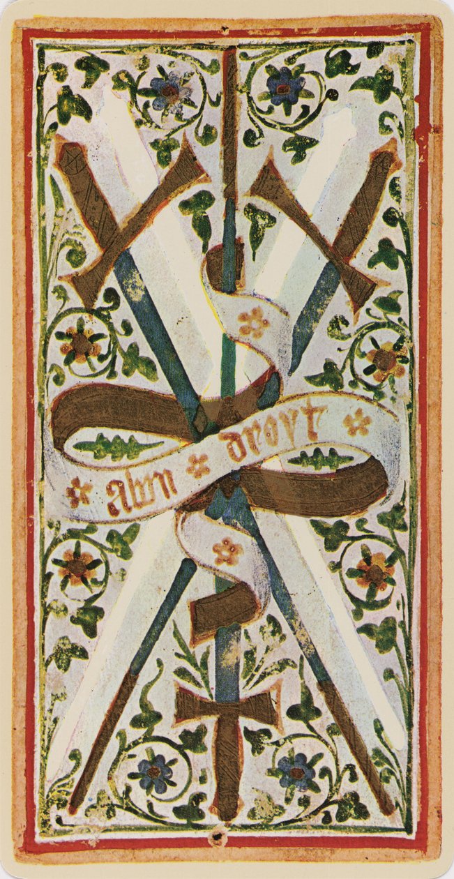 The Three of Swords, faksimile av et tarotkort fra 'Visconti'-stokken, 1441-47 av Bonifacio Bembo