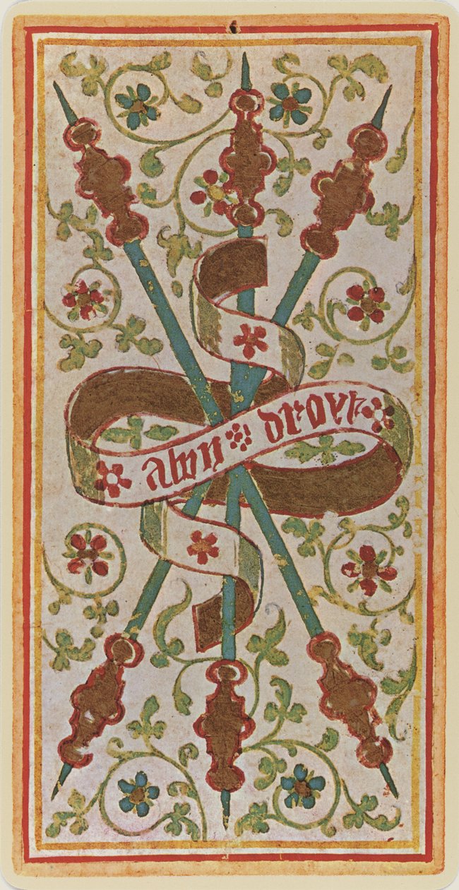 The Three of Wands, faksimile av et tarotkort fra 'Visconti'-stokken, 1441-47 av Bonifacio Bembo