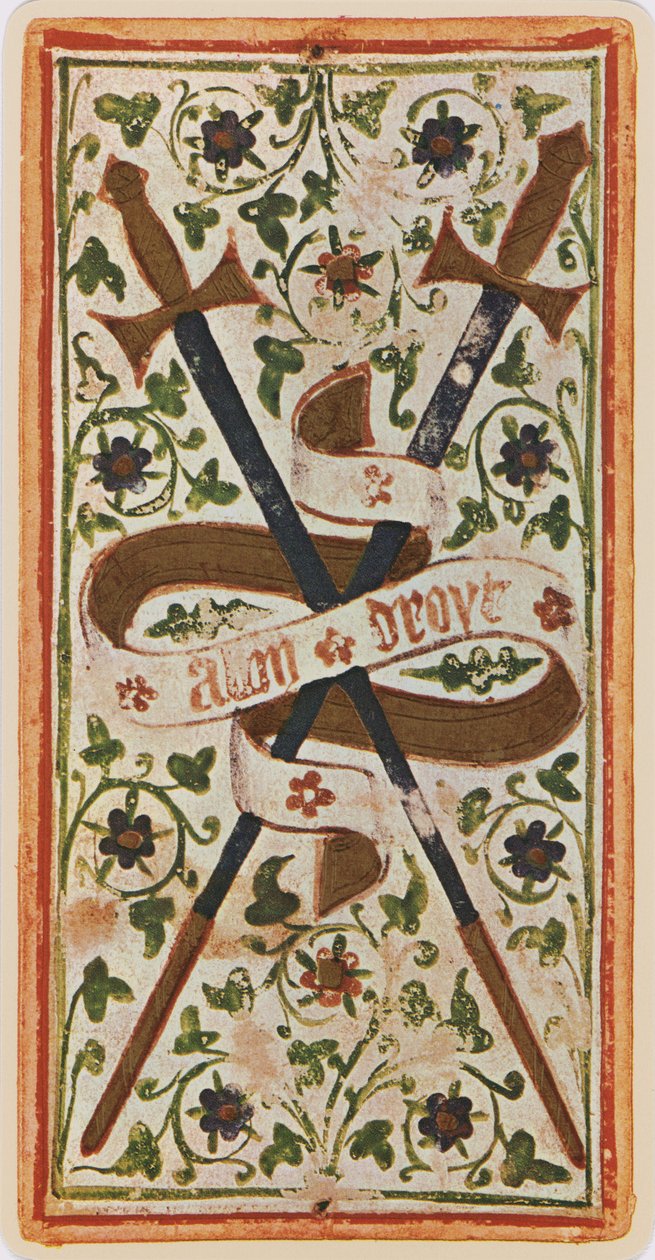 The Two of Swords, faksimile av et tarotkort fra 'Visconti'-stokken, 1441-47 av Bonifacio Bembo