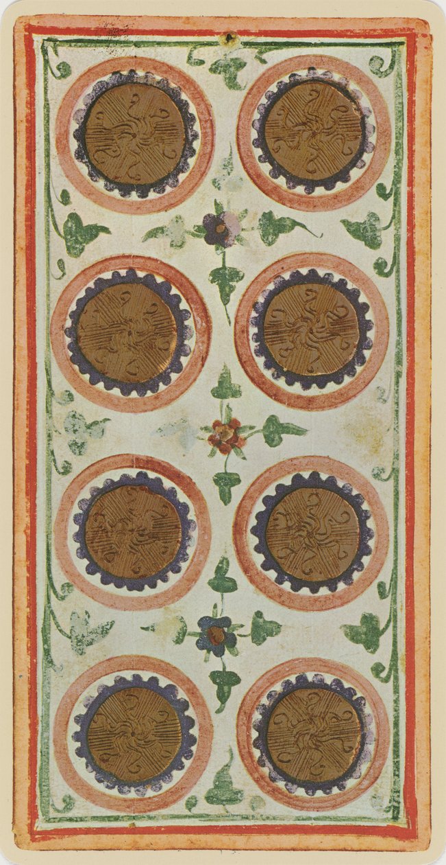 The Eight of Coins, faksimile av et tarotkort fra 