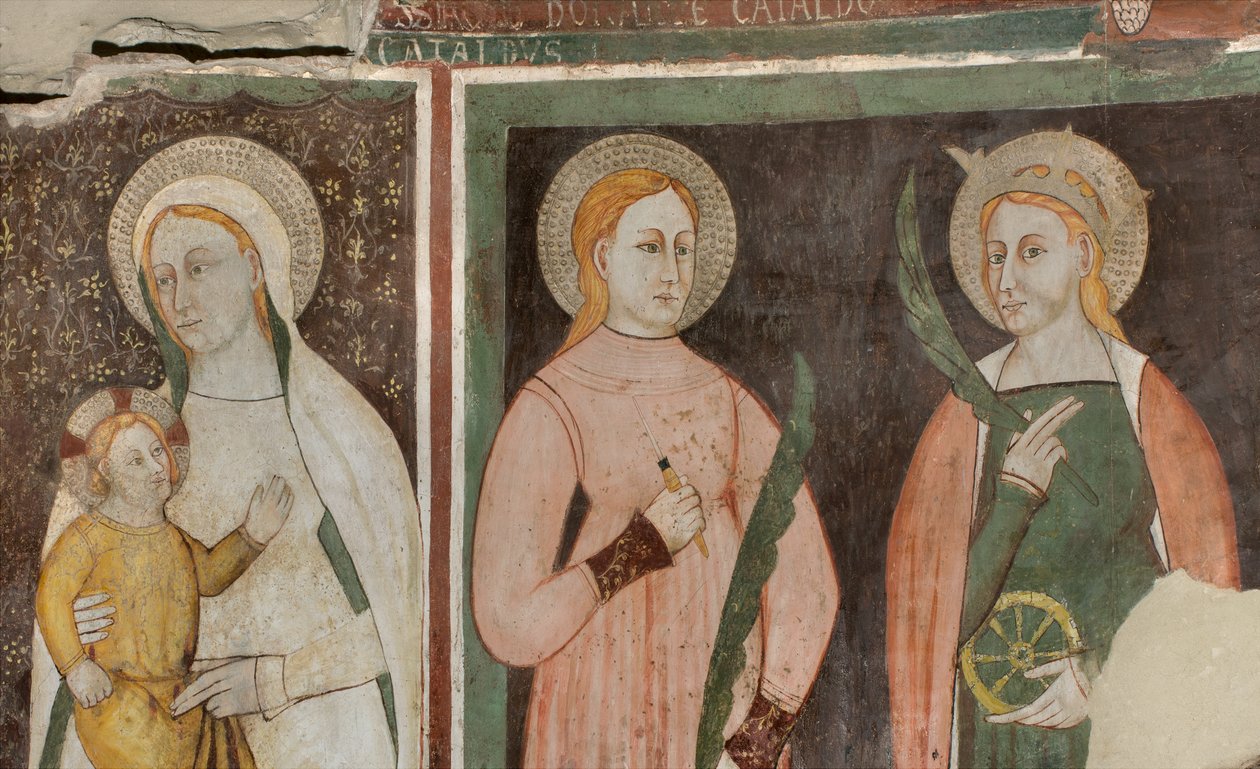 Nordre transept, alteret til St. Mikael erkeengelen, bak altertavlen fresker av Bonifatius Bembo, Jomfru og barn Saint Aquilina og Saint Catherine of Alexandria av Bonifacio Bembo