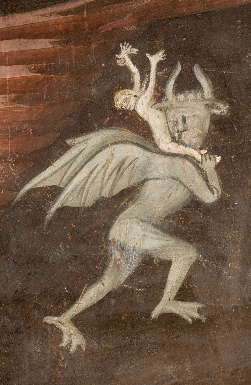 North Transept, Alteret til St. Mikael erkeengelen, bak altertavlen freskene av Boniface Bembo, erkeengelen Michael med vekten som driver ut det onde, detalj ondartet av Bonifacio Bembo