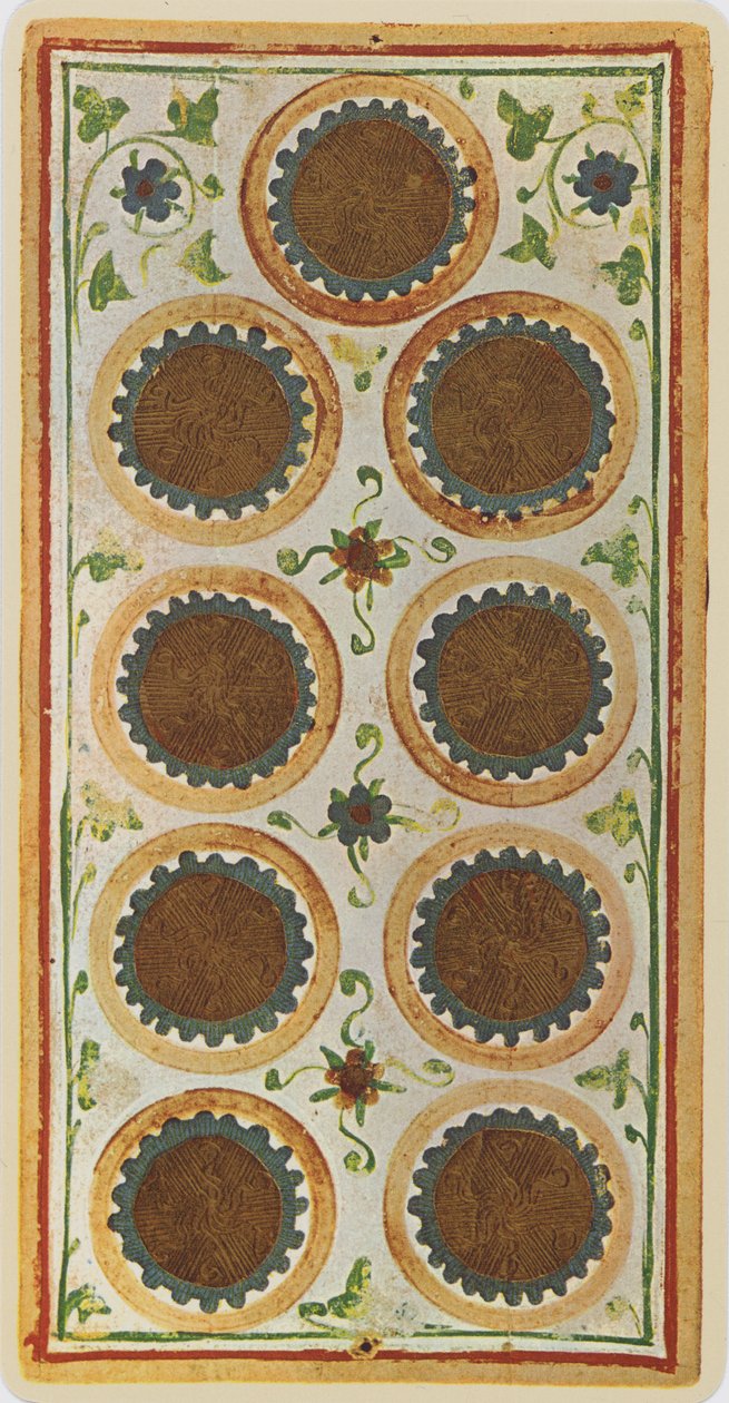 The Nine of Coins, faksimile av et tarotkort fra 