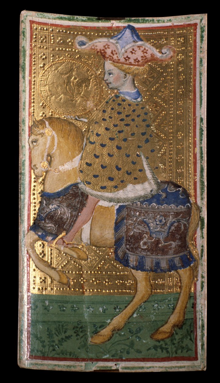 Visconti-Sforza tarotdekk: hesten til denari (maleri på pergament på papp av Bonifacio Bembo