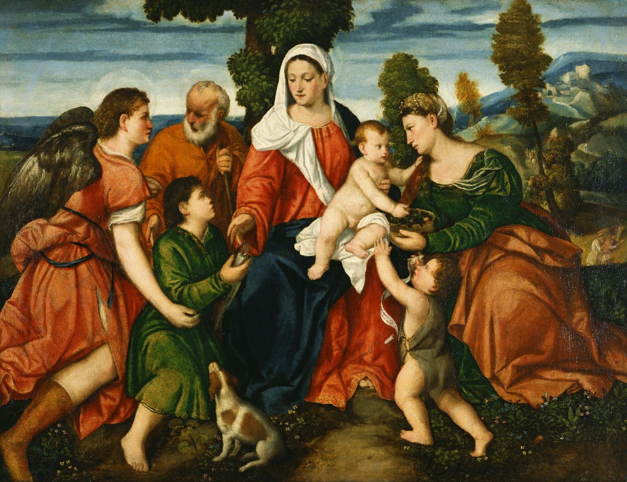 Japansk: n: n The Holy Family with Tobias and the Angel, Saint Dorothy, Giovannino, and the Miracle of the Corn beyond av Bonifazio Veronese