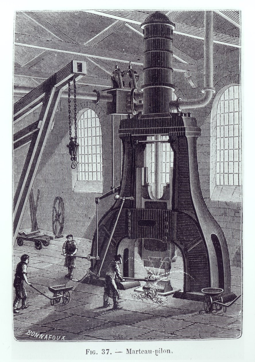 Le Creusot Power Hammer, illustrasjon til en bok om industrielle maskiner, ca. 1880 (svart-bilde) av Bonnafoux