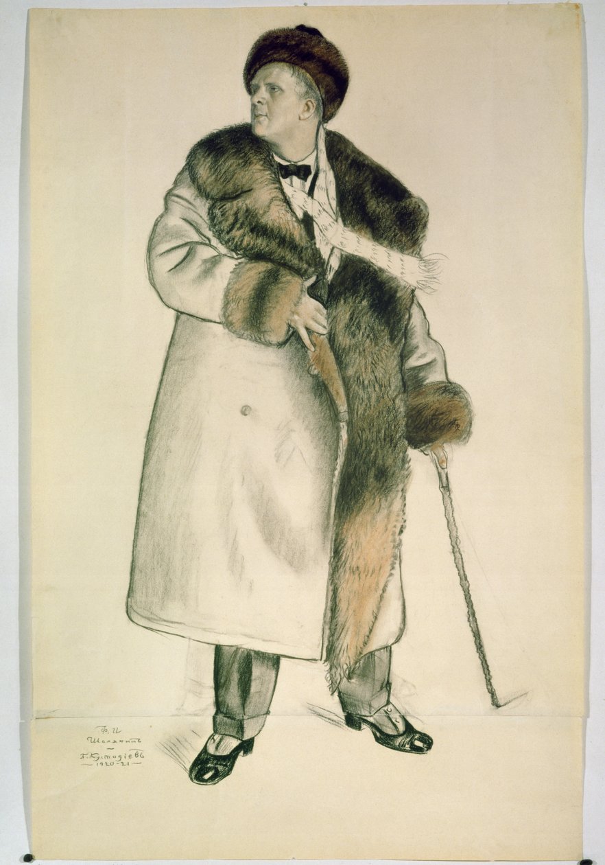 Portrett av operasangeren Feodor Ivanovich Chaliapin (1873-1938) 1920-21 (kull og wc på papir) av Boris Mikhailovich Kustodiev