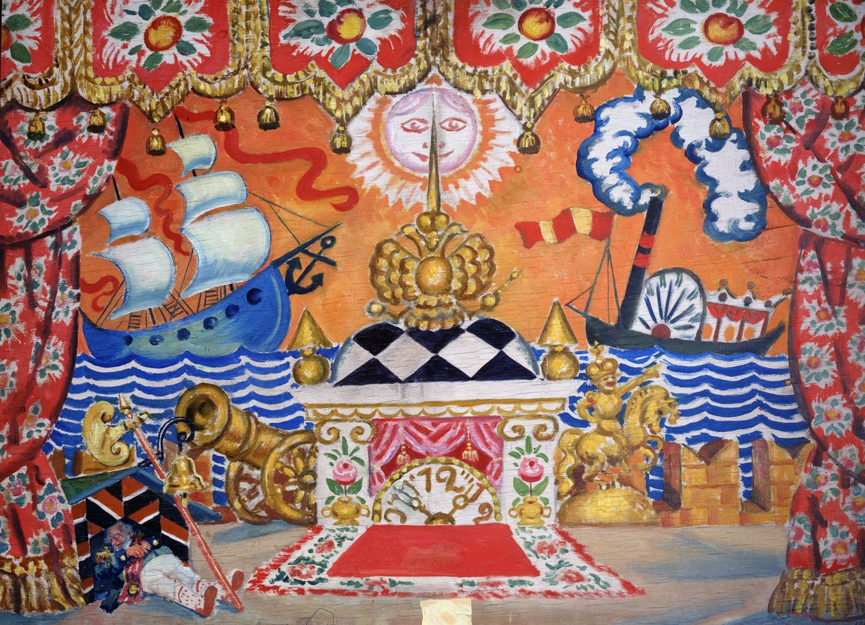 Scenografi for The Flea, av Yevgeny Zamyatin, 1925 (tempera på tre) av Boris Mikhailovich Kustodiev