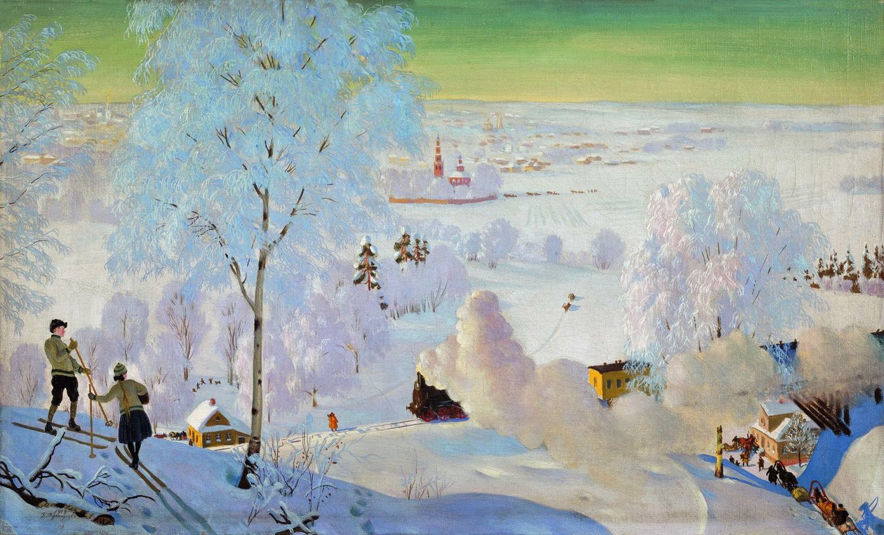Skiløpere, 1919 av Boris Mikhailovich Kustodiev
