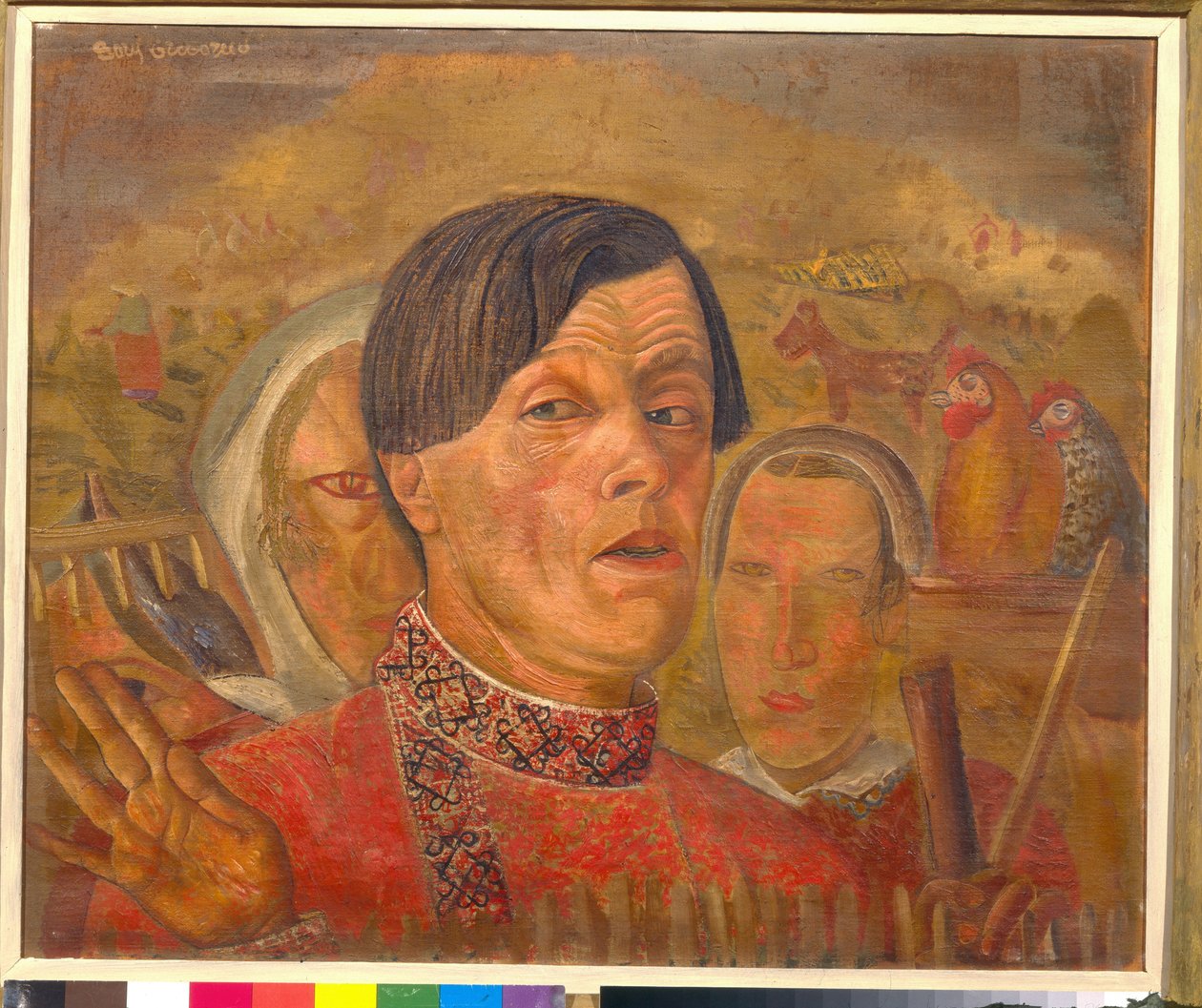 Selvportrett med hanen og høna (Selvportrett med hanen og høna) - Maleri av Boris Dmitrievich Grigoriev (1886-1939), ca. 1924 - Olje på lerret - Størrelse: 60,4 x 73,5 cm - Privat samling av Boris Dmitrievich Grigoriev