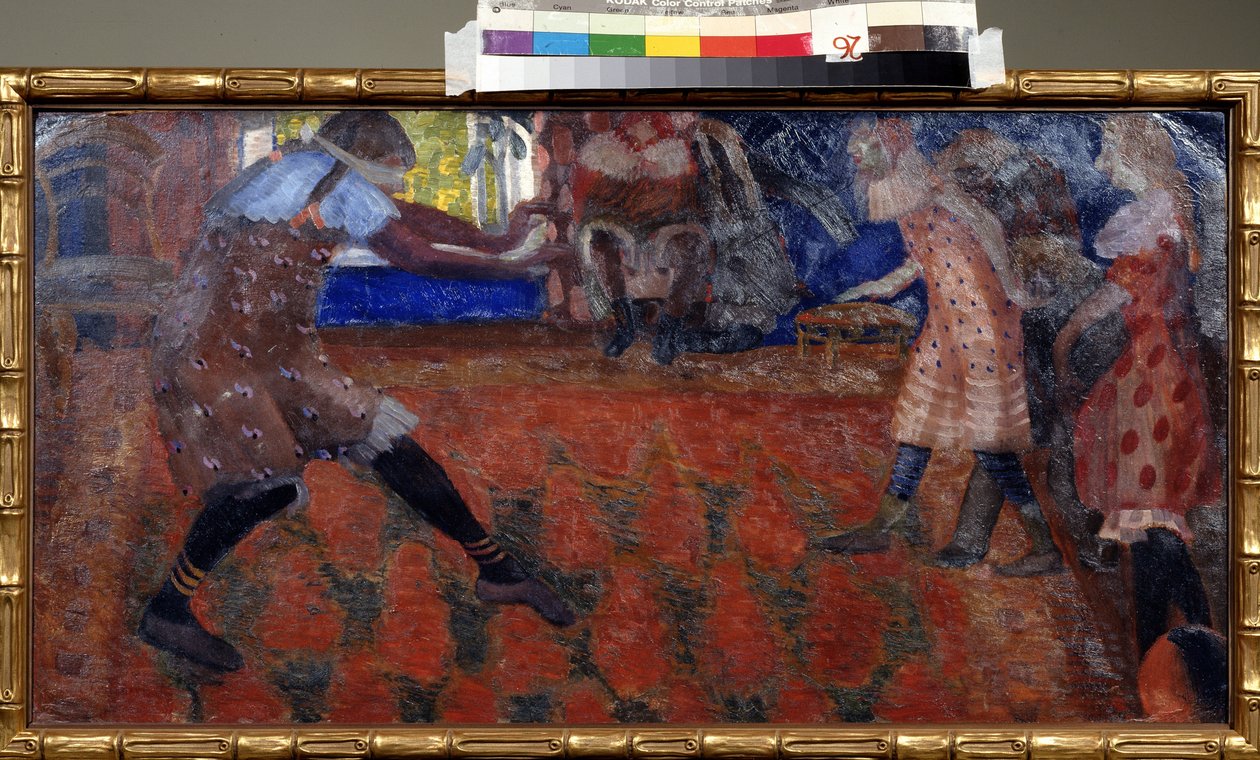 Colin Maillard (Blind's Man Buff). Barneleker i en teppebelagt stue. Verk av Boris Dmitryevich Grigoriev (1886-1939), tempera på papp av Boris Dmitrievich Grigoriev