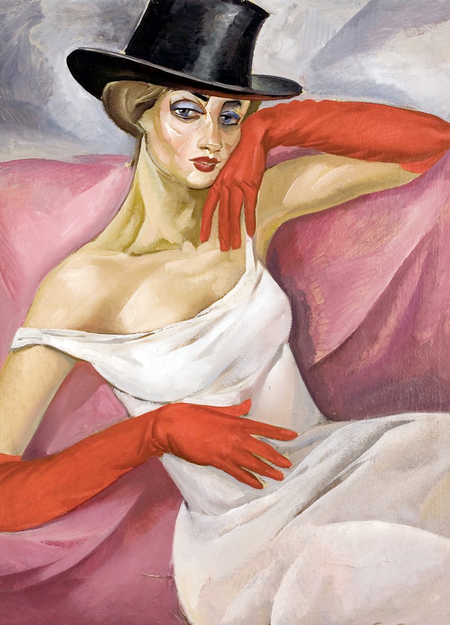 Lady in Top Hat - Maleri av Boris Dmitryevich Grigoriev (1886-1939), olje på lerret (81,3x61,6 cm) - Privat samling av Boris Dmitrievich Grigoriev