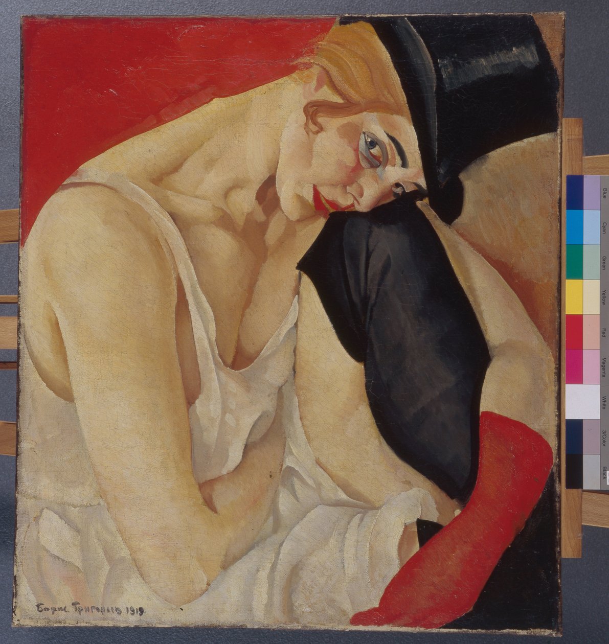 Woman in a Top Hat - Maleri av Boris Dmitrievich Grigoriev (1886-1939), olje på lerret (71x62,5 cm) av Boris Dmitrievich Grigoriev