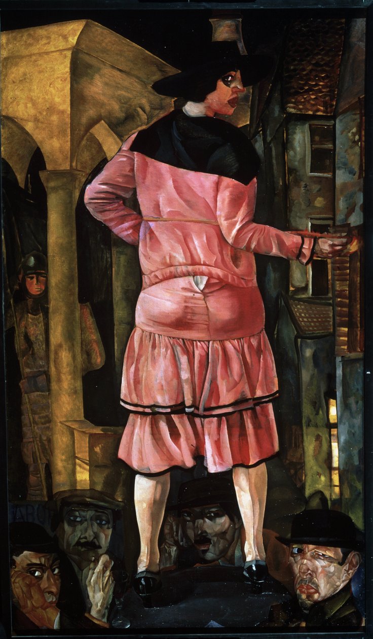 Blondines gate (Street of the Blondes). En prostituert i en gate i Paris (Frankrike), omgitt av ansiktene til menn med mistenkelige øyne, sett av en mann som gjemmer seg bak søylen i en bygning. Maleri av Boris Dmitryevich Grigoriev ( av Boris Dmitrievich Grigoriev