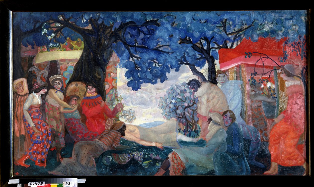 En drøm. Karakterer i kostymer eller masker omgir en annen karakter som ligger under trærne med blått løvverk, i en landsby med flerfargede hus. Verk av Boris Dmitryevich Grigoriev (1886-1939), tempera på papp av Boris Dmitrievich Grigoriev