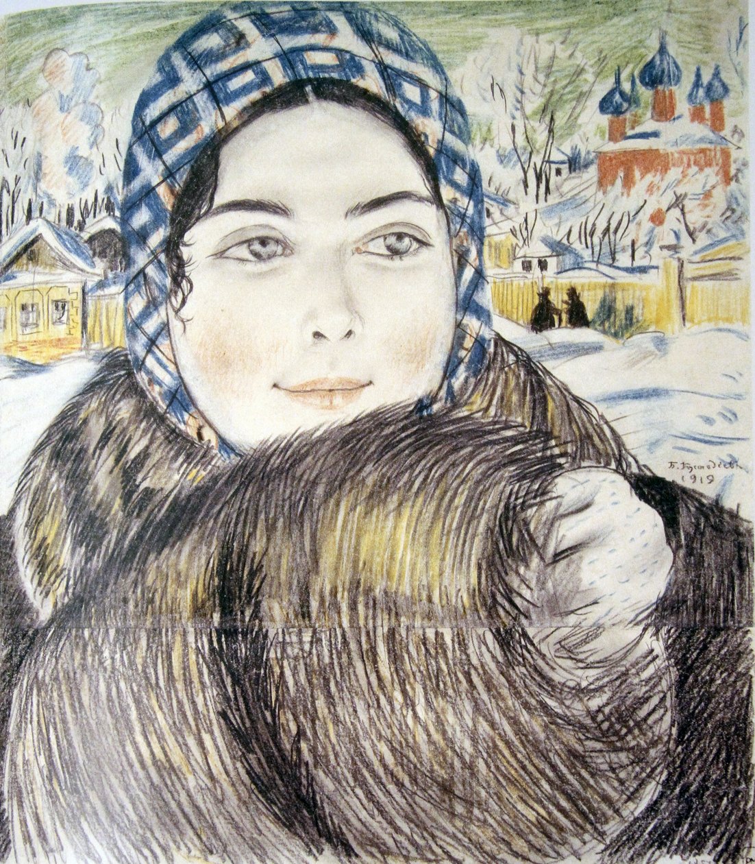 En ung kjøpmannskone i et rutete skjerf par Kustodiev, Boris Michaylovich (1878-1927) av Boris Mikhailovich Kustodiev
