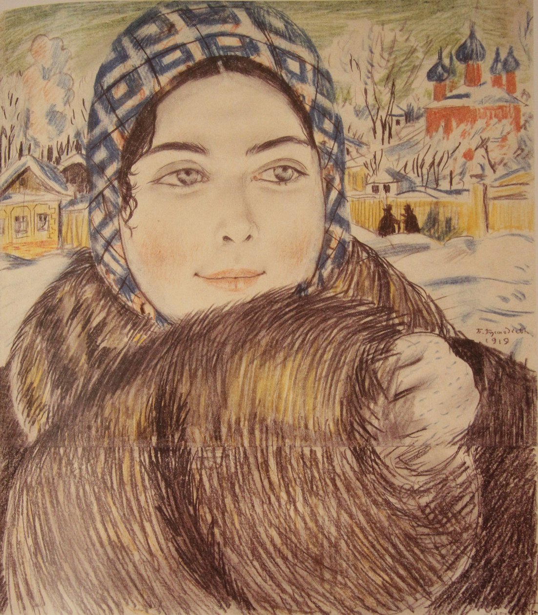 En ung kjøpmannskone i et rutete skjerf, 1919 av Boris Mikhailovich Kustodiev