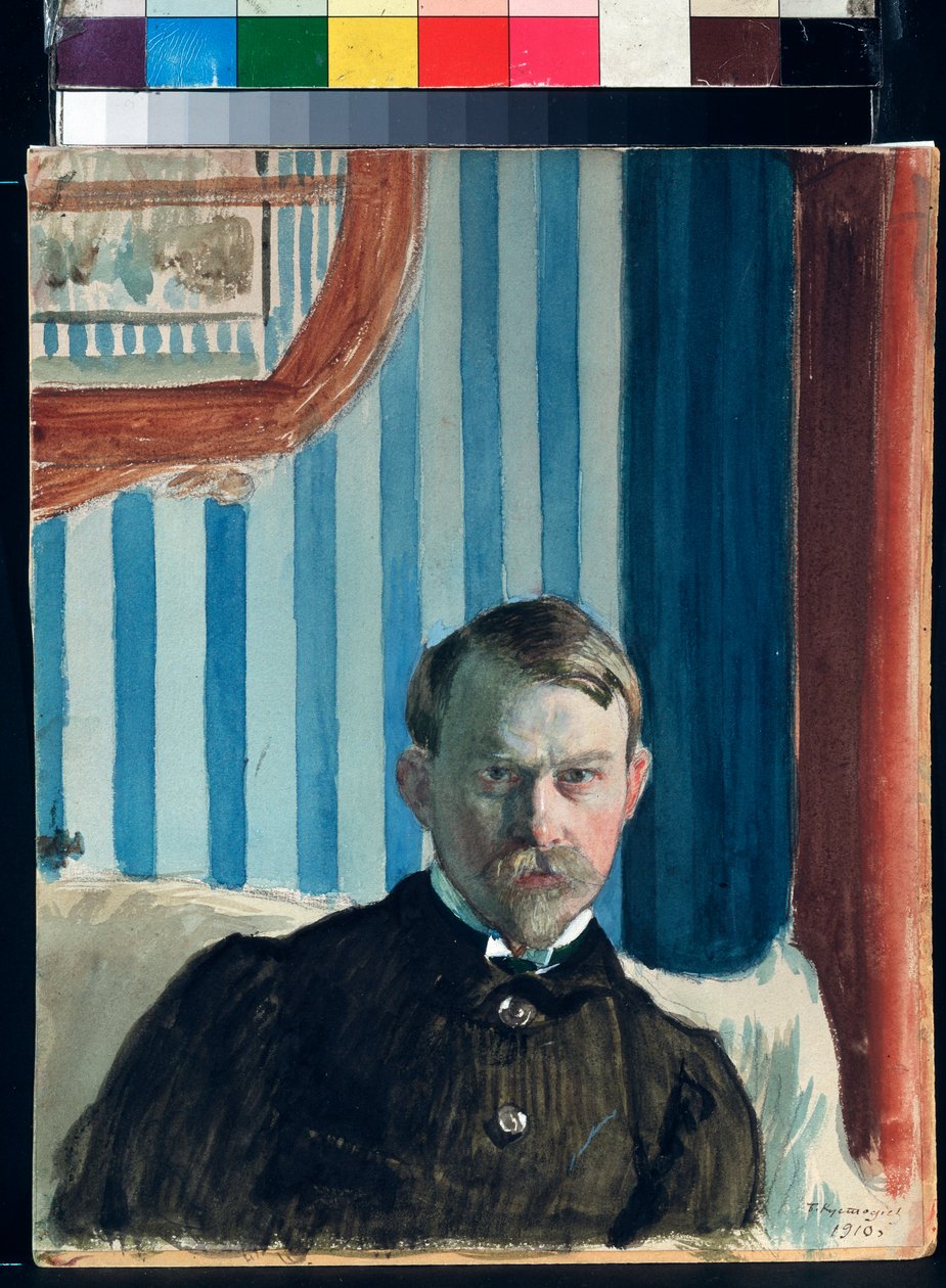 Autoportrait (Self Portrait) - Verk av Boris Mikhailovich Kustodiev (1878-1927), akvarell, gouache og blekk på papir av Boris Mikhailovich Kustodiev