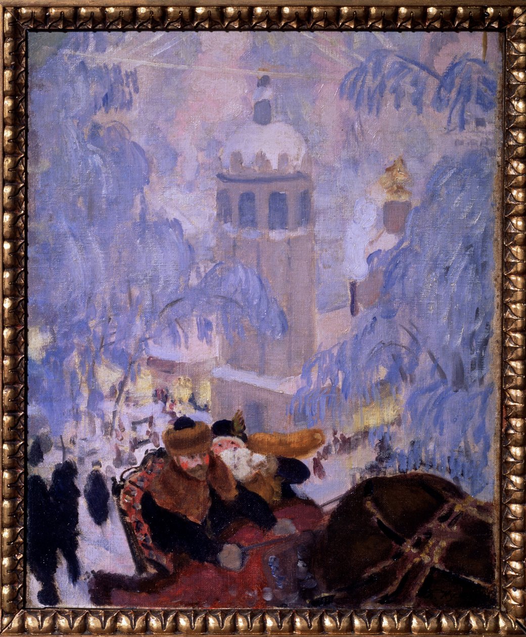 Selvportrett med kona. Representert i en hestetrukket slede, og forlater en by med snødekte tak. Maleri av Boris Michaylovich Kustodiev (Kustodiev) (1878-1927), olje på lerret av Boris Mikhailovich Kustodiev
