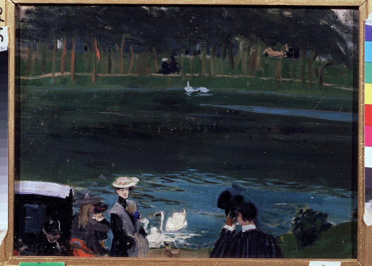 Bois de Boulogne. Innsjøen med svaner og turgåere. Maleri av Boris Michaylovich Kustodiev (Kustodiev) (1878-1927), olje på lerret av Boris Mikhailovich Kustodiev