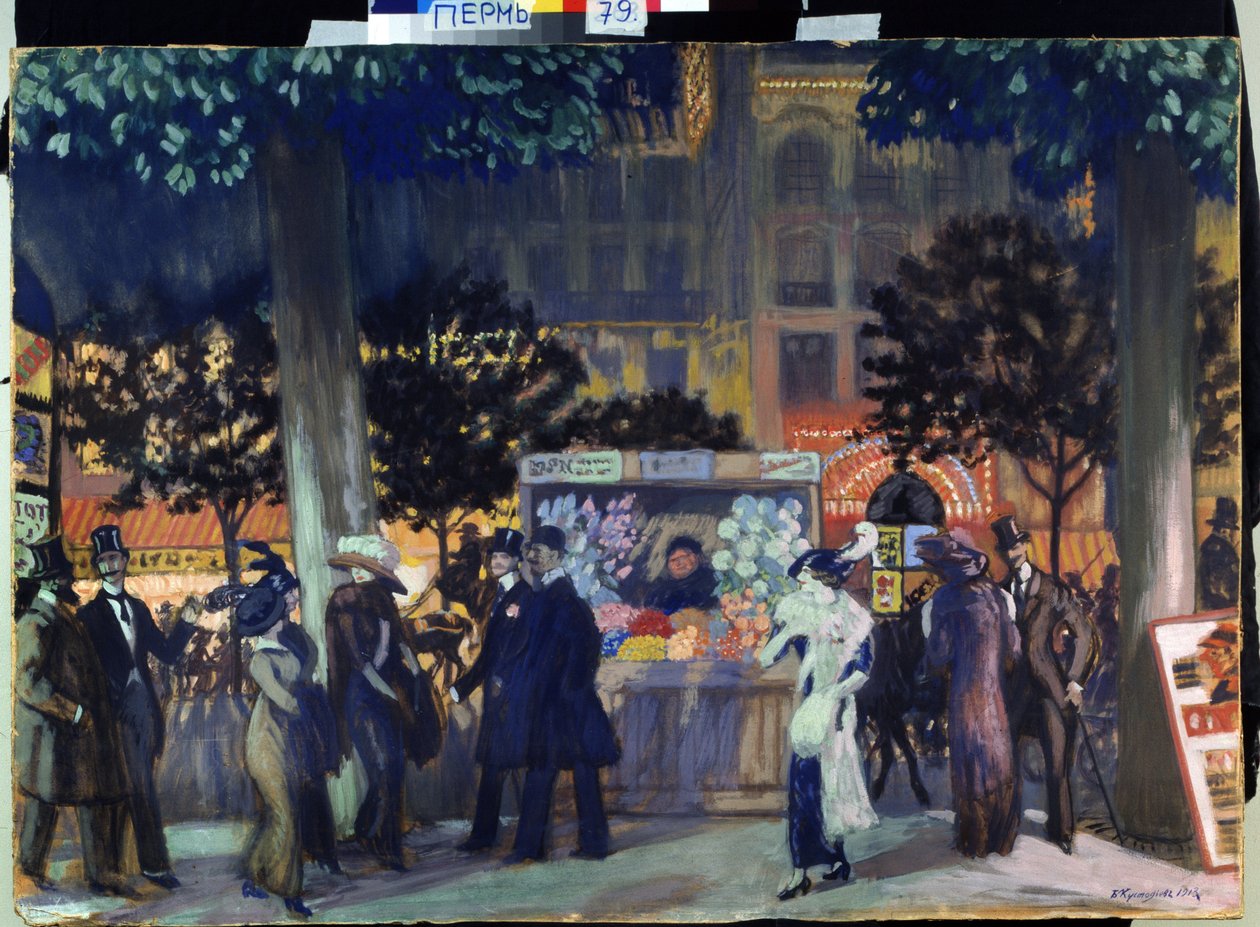Boulevard i Paris, om natten. (Boulevard i Paris om natten). Beskrivelse av den nattlige animasjonen av det parisiske livet, om sommeren. Du kan se Morris-spalter. Maleri av Boris Michaylovich Kustodiev (Kustodiev) (1878-1927), olje på lerret av Boris Mikhailovich Kustodiev