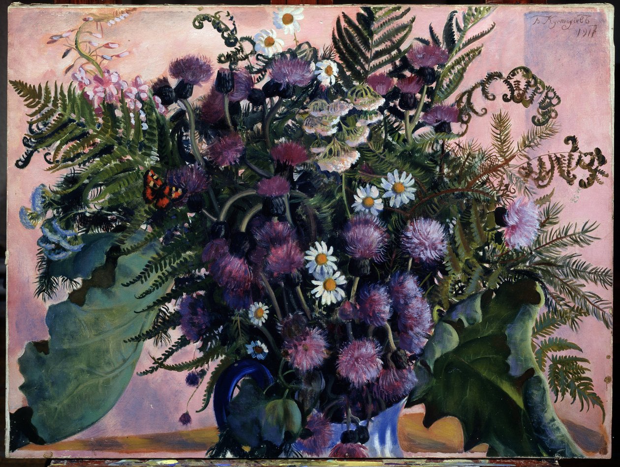 Bukett med finske blomster. (finsk haug med blomster). Maleri av Boris Michaylovich Kustodiev (Kustodiev) (1878-1927), olje på lerret av Boris Mikhailovich Kustodiev