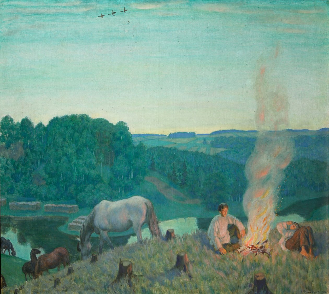 Leirbål, 1916 av Boris Mikhailovich Kustodiev