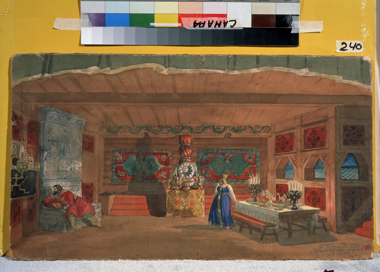 Forberedende sett til operaen Tsarens brud av N. Rimsky Korsakov (Rimsky-Korsakov) (1844-1908). Verk av Boris Michaylovich Kustodiev (Koustodiev) av Boris Mikhailovich Kustodiev