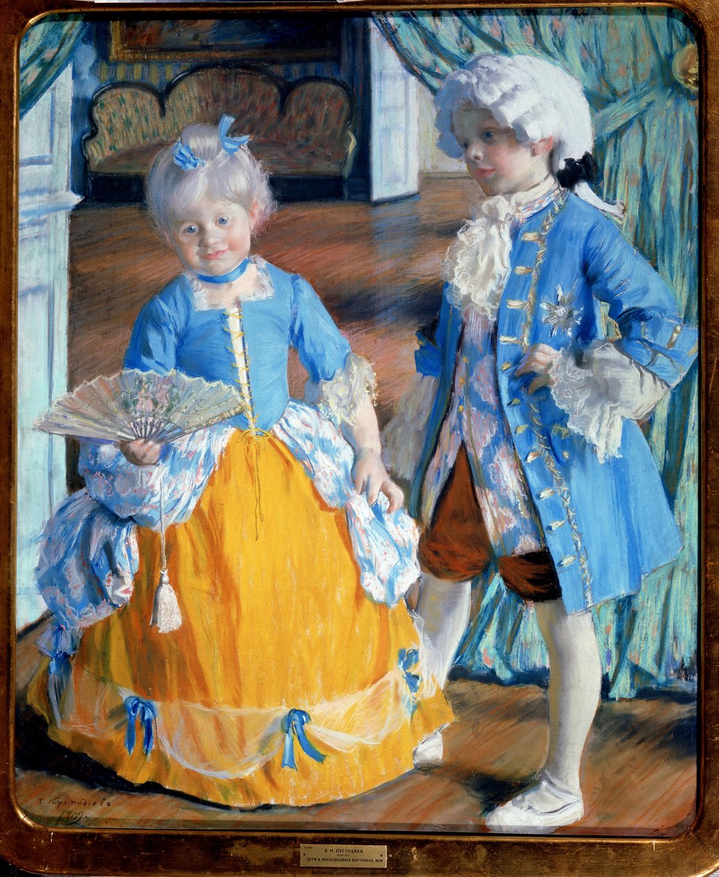 Barn i rokokkokostyme (Children in Rococo Dress). Gutten har på seg strømper og parykk, jenta holder en blondevifte. Maleri av Boris Michaylovich Kustodiev (Kustodiev) (1878-1927), olje på lerret av Boris Mikhailovich Kustodiev