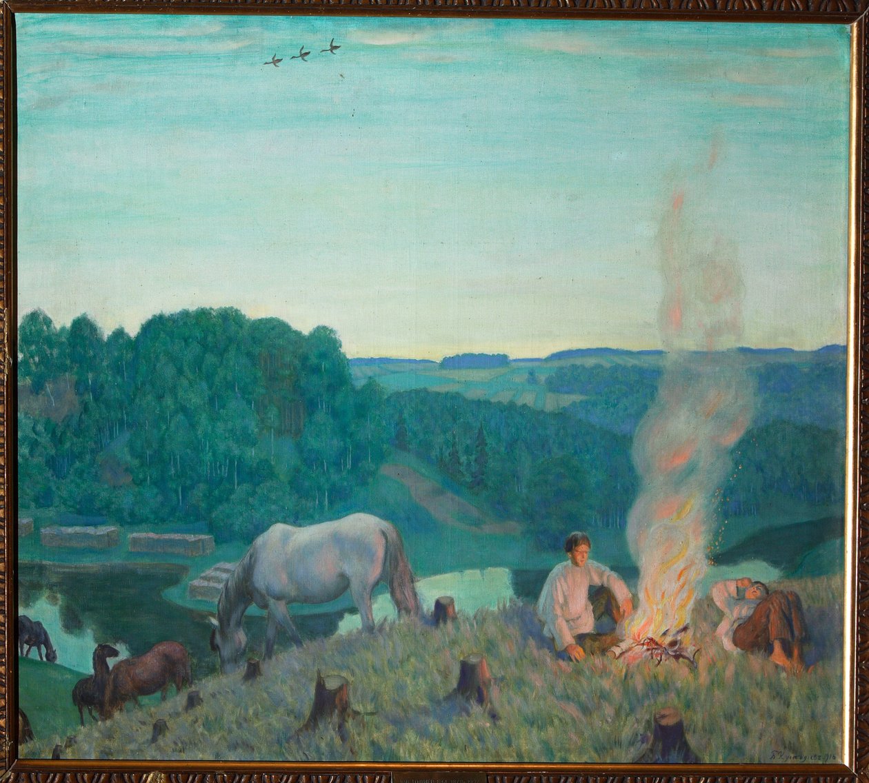 Bål (Campfire). Landskap på en sommerkveld hviler unge gutter rundt et vedfyr, ved bredden av en elv. Rundt dem beiter stillhet, ro og hester stille. Maleri av Boris Michaylovich Kustodiev (Kustodiev) (1 av Boris Mikhailovich Kustodiev