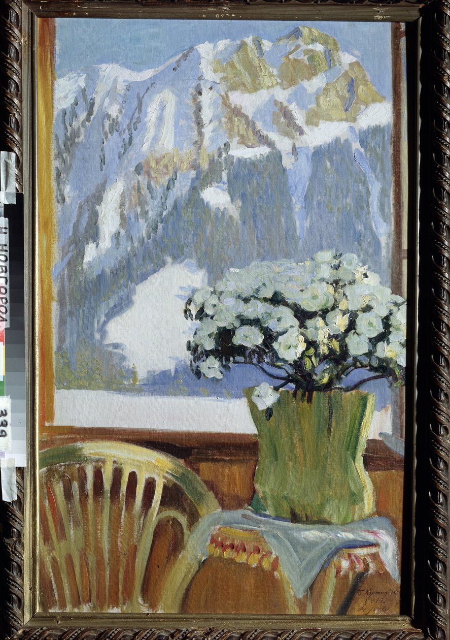 Blomster på balkongen med utsikt over fjellene. Maleri av Boris Michaylovich Kustodiev (Kustodiev) (1878-1927), olje på lerret av Boris Mikhailovich Kustodiev