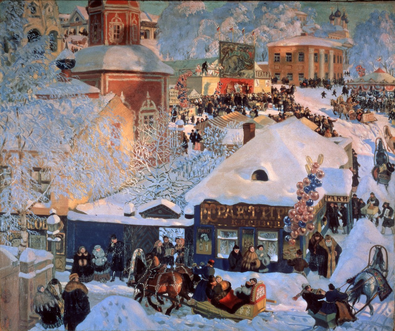 Vinter, Mardi Gras (Vinter, Schrovetide). Tradisjonelle festligheter i de snødekte gatene i en provinsby. Foruten beskrivelsen av byens bygninger, ballongklynger, en karusell, utstillingsvinduene til tavernaene og sledene trukket av av Boris Mikhailovich Kustodiev