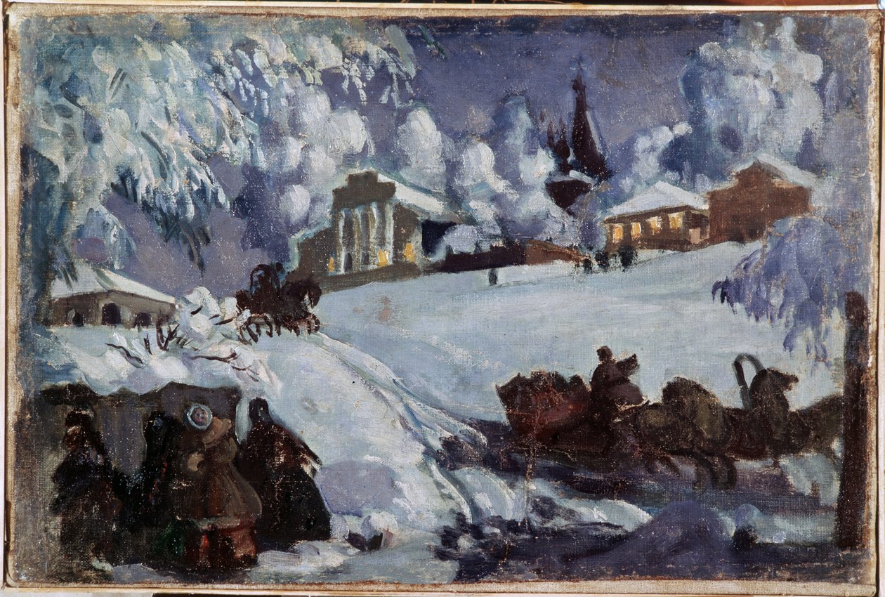 Vinter, sleder (Vinter. Kanefart). Maleri av Boris Michaylovich Kustodiev (Koustodiev) (1878-1927), olje på lerret, ca. 1920. Russisk kunst, tidlig på 1900-tallet. Privat samling. av Boris Mikhailovich Kustodiev