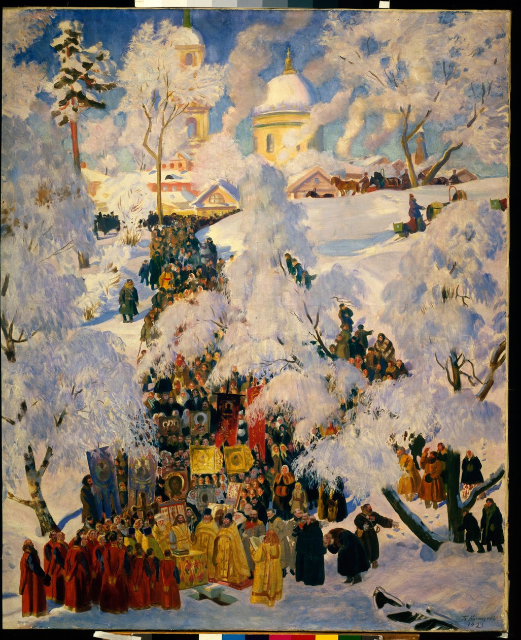 Vannets store velsignelse på teofanifesten. Tradisjonell scene for den russisk-ortodokse kirken, Holy Week liturgisk prosesjon, feiring av dåpsvann, i et snødekt landskap. Maleri av Boris Michaylovich Kustod av Boris Mikhailovich Kustodiev