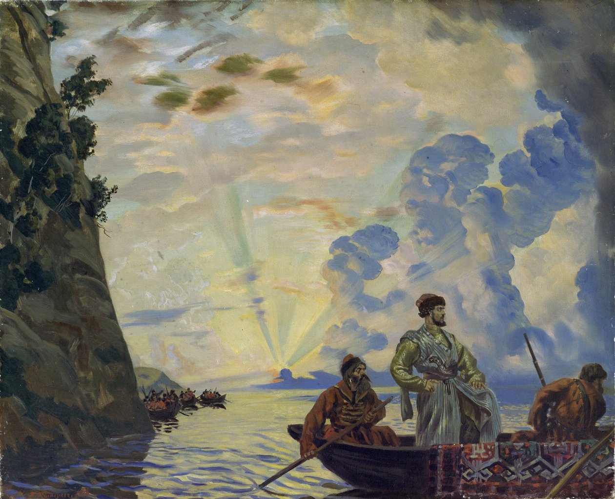 Kosakklederen Stepan (Stenka) Timofeevich Razin (1630-1671) i en båt. Han ledet et opprør mot adelen og det tsaristiske byråkratiet i Sør-Russland (Stepan Razin). Maleri av Boris Michaylovich Kustodiev (Kustodiev) (1878-192 av Boris Mikhailovich Kustodiev