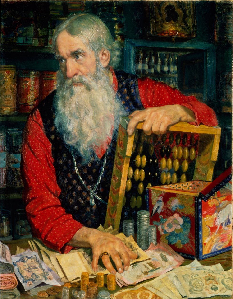 Kjøpmannen (gammel mann med penger og kuleramme). Maleri av Boris Michaylovich Kustodiev (Kustodiev) (1878-1927), olje på lerret av Boris Mikhailovich Kustodiev