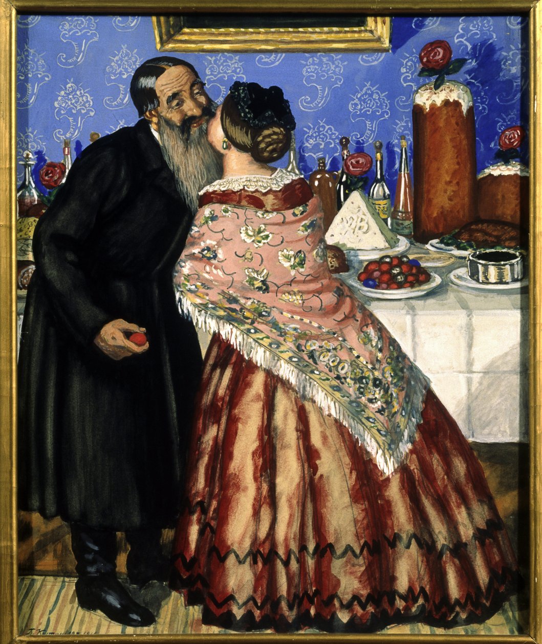 Paschal greetings (et par kyss nær bordet med påskemåltidet) (The Paschal greeting) - Maleri av Boris Michaylovich Kustodiev (1878-1927), tempera på papp av Boris Mikhailovich Kustodiev