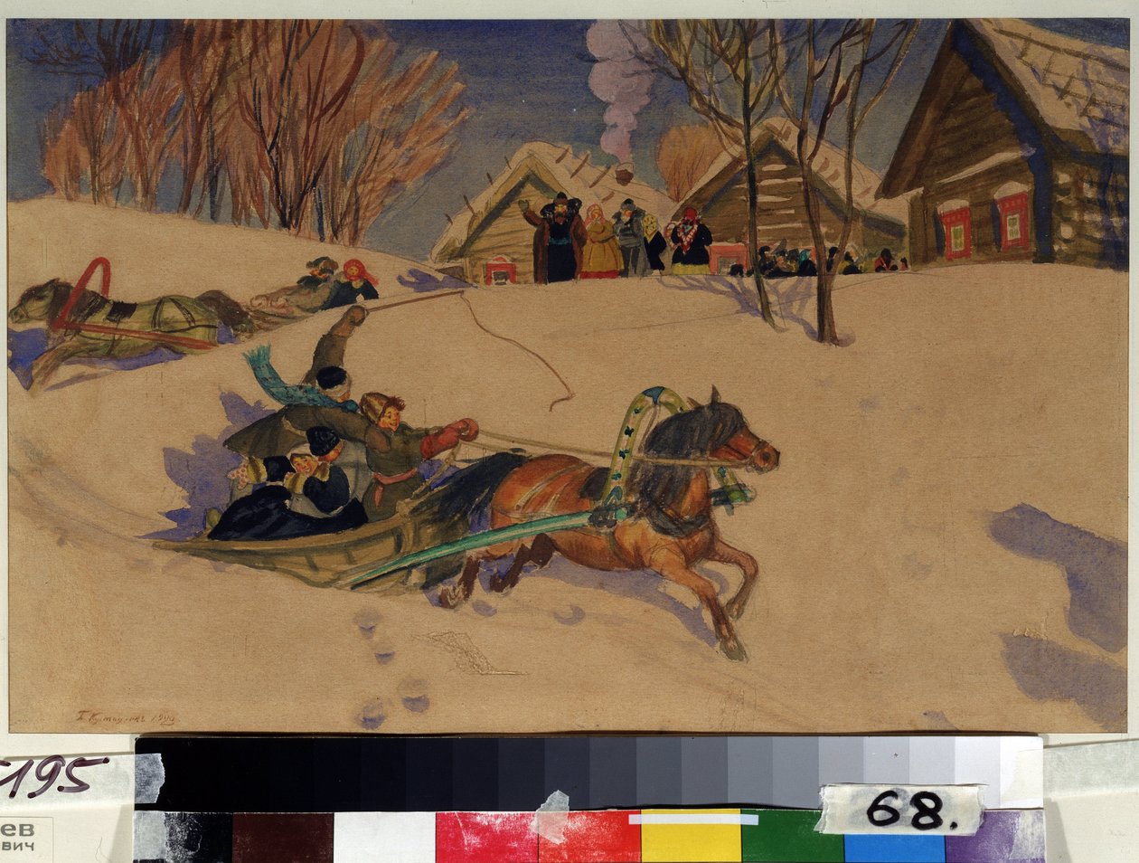 Fastelavn (fastelavn). Glade barn spinner i slede trukket av hester, på snøen, foran landsbyen med trehusene. De forsamlede voksne hilser på dem. Verk av Boris Michaylovich Kustodiev (Koustodiev) (1878-1927), akvarell av Boris Mikhailovich Kustodiev
